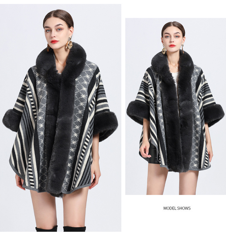 Mantella collo pelliccia grande taglia jacquard cardigan maglione cappotto donna_voghion.com