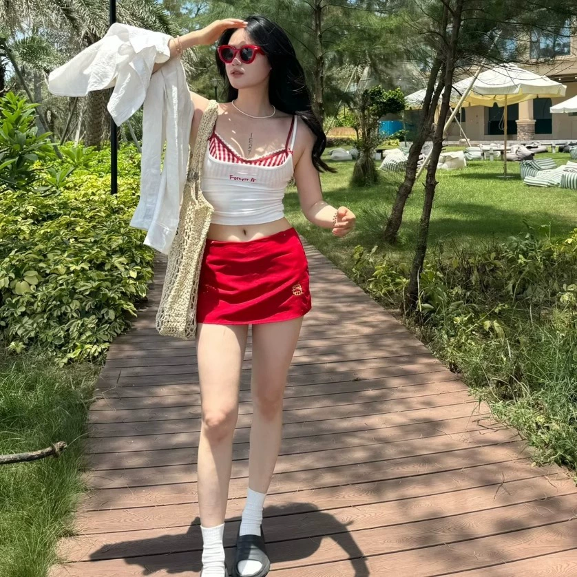 Split Swimwear, Cute Red Gingham Bikini with Skirt, Lifting Effect