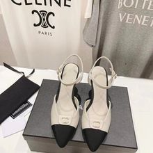 2024新款淑女气质小香风尖头拼色中粗跟一字带包头凉鞋女中空法式