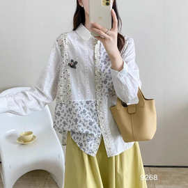 印花拼接衬衫女 2025秋新款文艺宽松翻领纯棉小清新开衫衬衣 9268