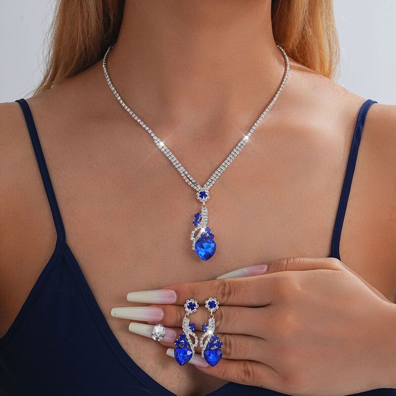 European and American High-End Gemstone Love Fashion Luxury Dinner Style Earrings Necklace Two-Piece Jewelry Set Wholesale and Retail