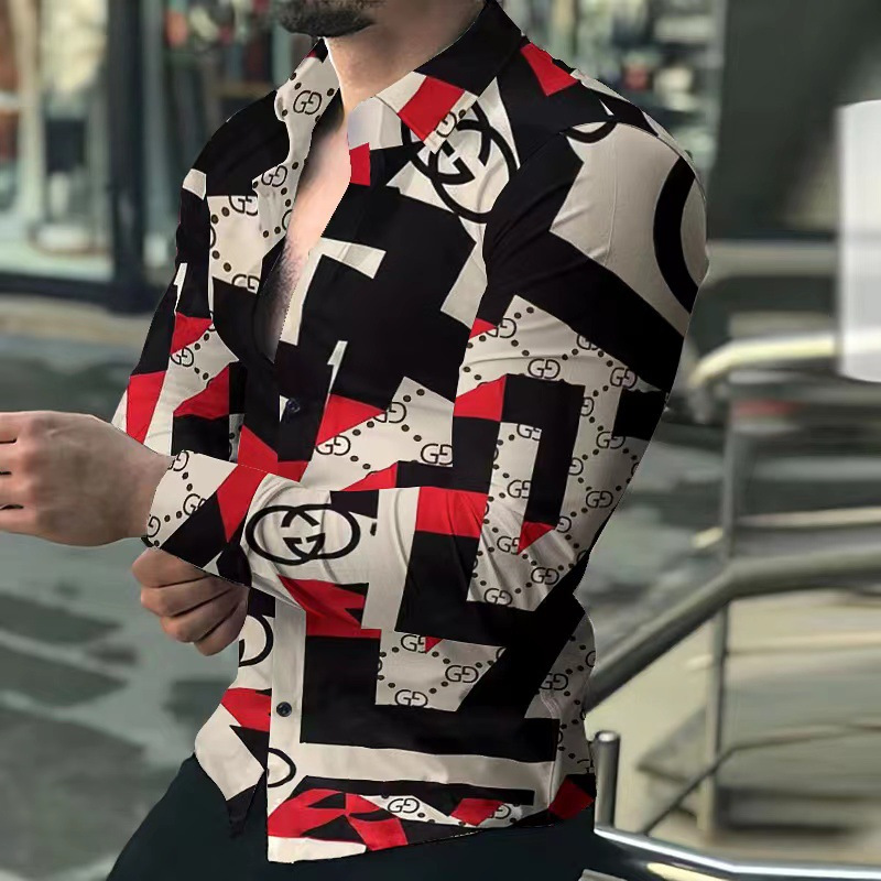 Comercio exterior 2023 primavera nuevos hombres gradiente de impresión digital solapa camisa de manga larga camisa casual de los hombres