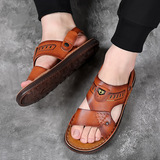 Мужские кожаные пляжные сандалии, летние комфортные слайдеры, нескользящие тапочки для отдыха, воловья кожа, из натуральной кожи