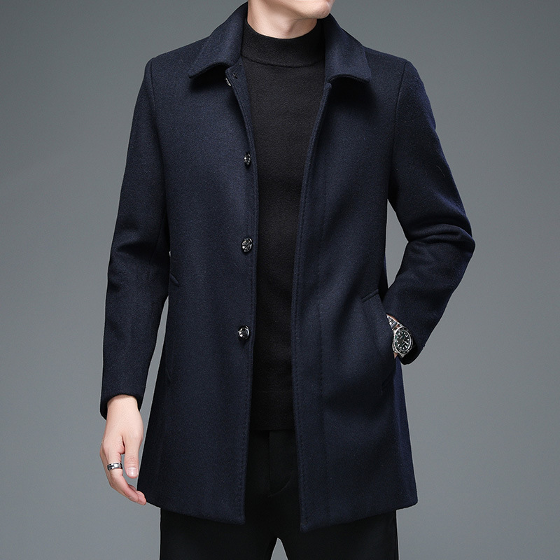 2025 Spring/Autumn New Men's Trench Coat, Solid Color, Mid-Length, Long Sleeve, Lapel, Korean Style Casual Jacket, 1868