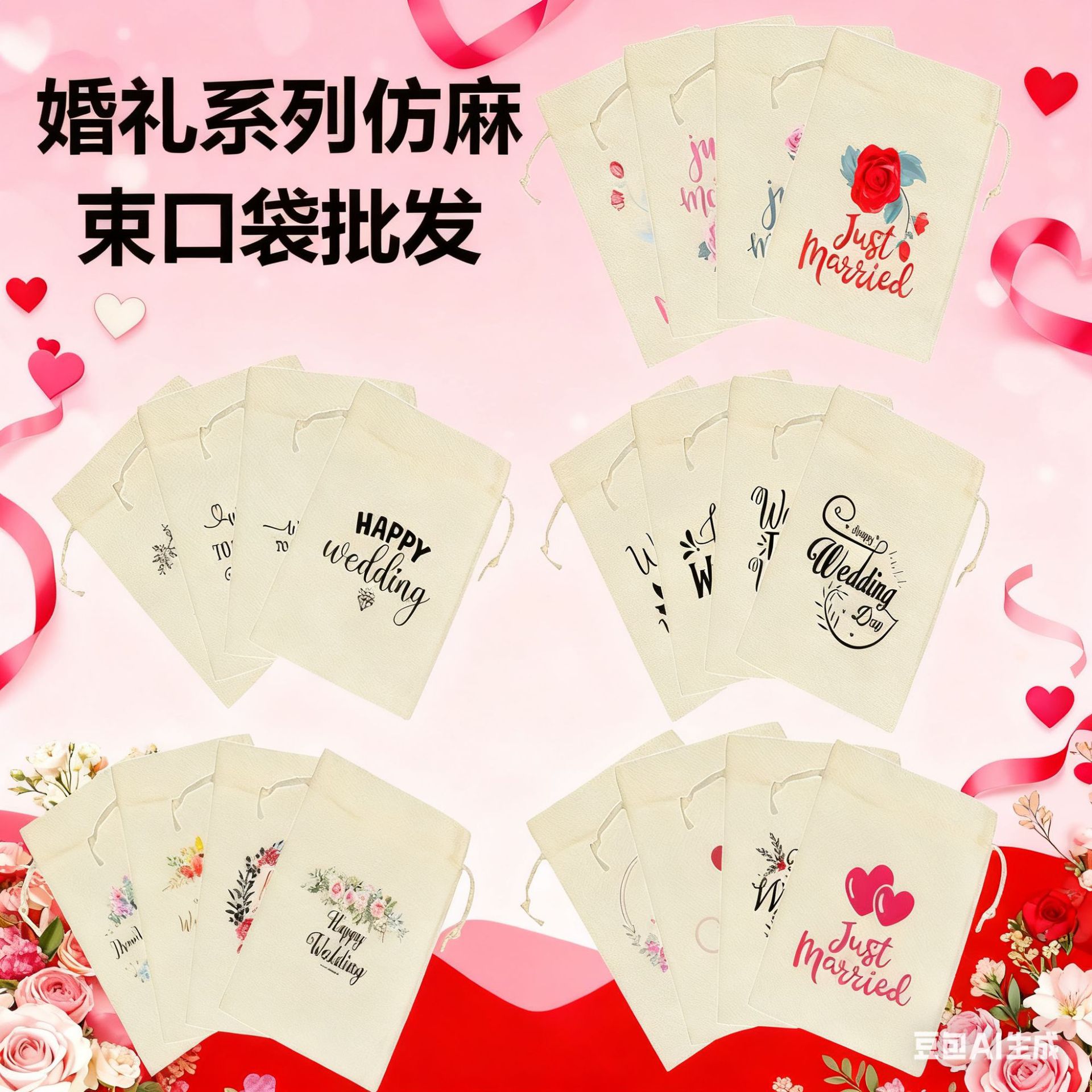 跨境新款婚礼主题系列仿麻束口袋厂家批发婚礼派对抽绳包装礼品袋