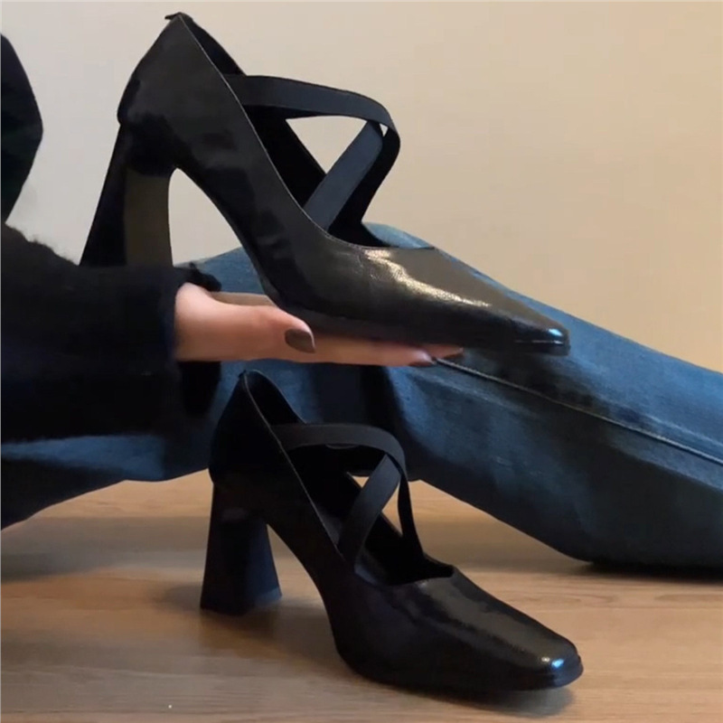 Sheepskin Version~Retro Cross-Strap High-Heeled Mary Jane Women's Shoes, Chunky Heel Single Shoes, Square Toe, Elegant and Slimming High-Heeled Shoes
