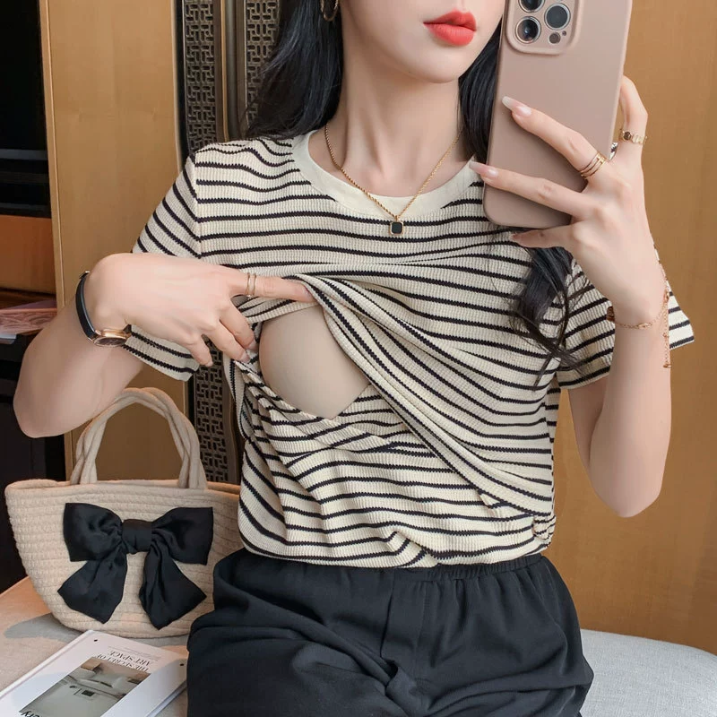 Кормящая одежда летом горячая мама модная полосатая футболка послеродовое заключение