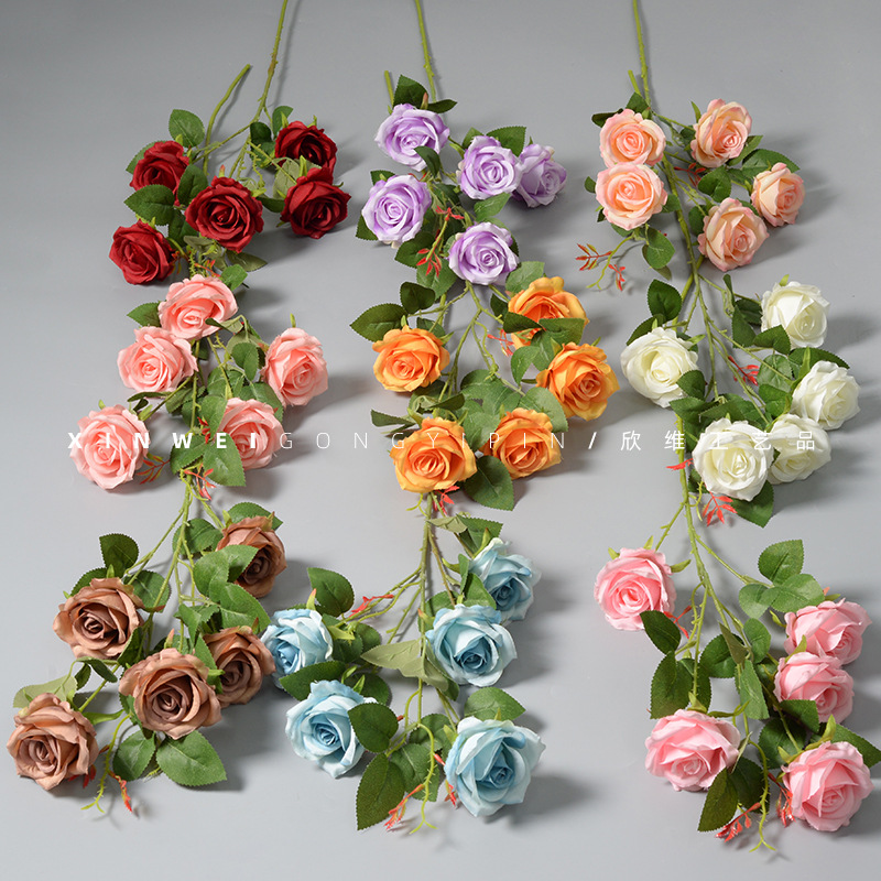 Rosa artificial 5-cabeza París Rosa Día de San Valentín Hotel decoración de la boda falsa Flor de seda artificial al por mayor