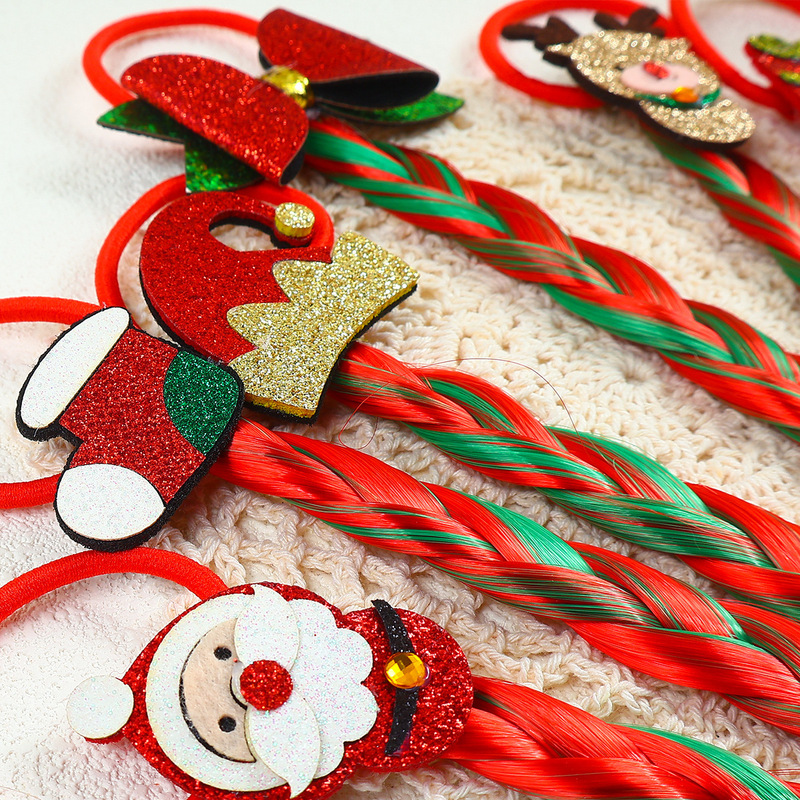 Cross-Border New Christmas Children's Wig Braids Ponytail Colorful Rubber Band Headband Children's Holiday Christmas Hair Band Hair Accessories