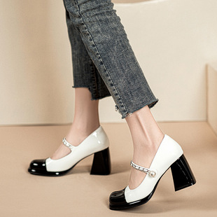 Teahoo Mary Jane Shoes Spring Black and White Color Matching Thick Heel Jk Women's Shoes Metal Chain Girls High Heels Factory Direct Sale