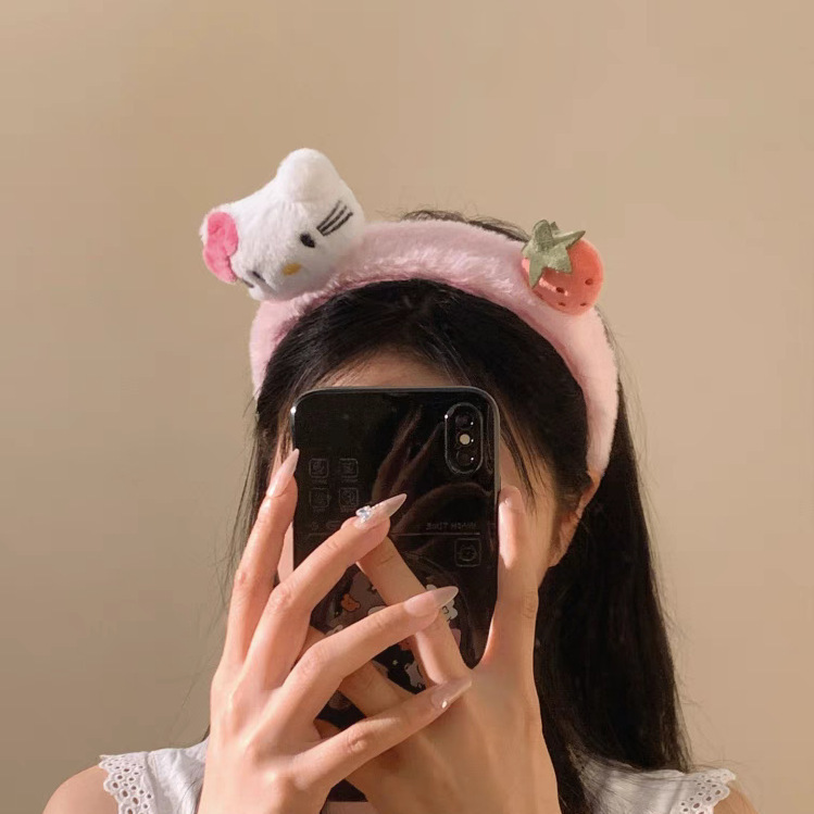 漫画ぬいぐるみキティ猫洗顔ヘッドバンド甘いピンクイチゴヘアピン子供のかわいい洗濯ヘッドバンドヘアアクセサリー|undefined