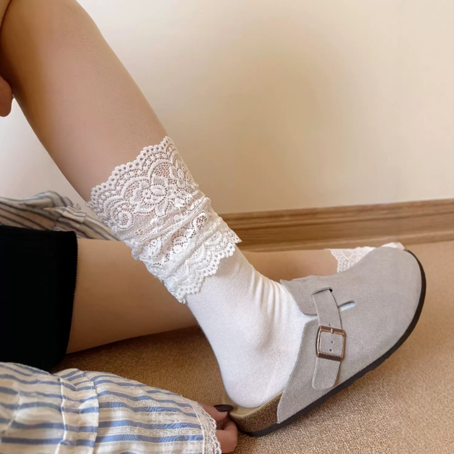 春夏蕾丝袜口堆堆袜女薄款洛丽塔小腿袜日系甜美风透气中筒袜纯欲