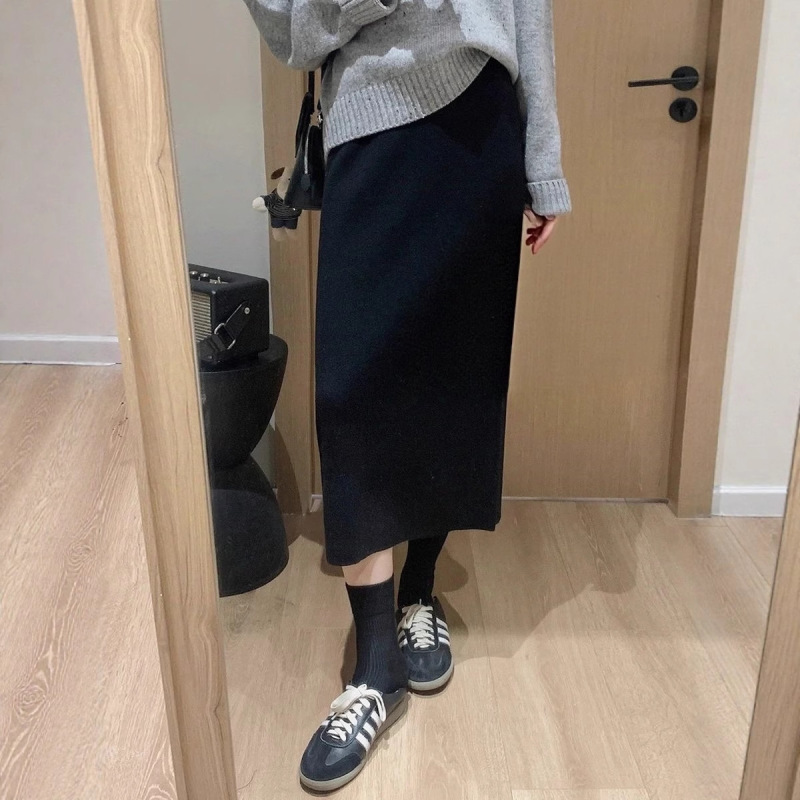 针织半身裙秋冬新款高腰显瘦长款直筒一步裙不开叉裙子包裙A字裙|undefined