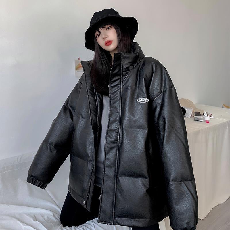 pu皮衣棉服女oversize潮2023新款宽松韩版冬季大码面包服棉衣外套