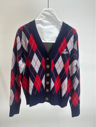 Vi2025 New Autumn and Winter Planet Embroider Color-Blocked Plaid V Neck Wool Knitted Cardigan