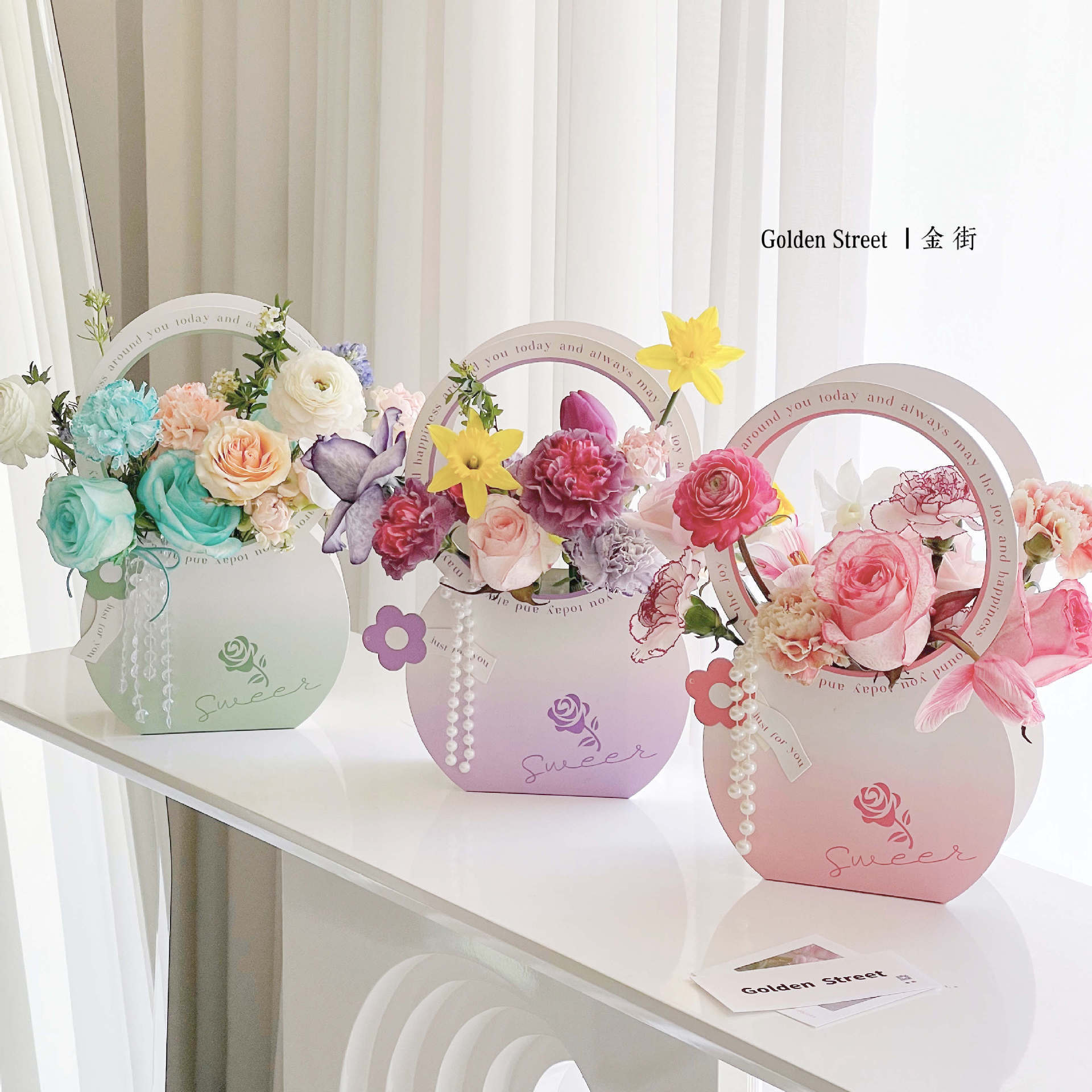 手提花篮纸质圆形可折叠鲜花包装盒母亲节diy花艺插花手提袋批发