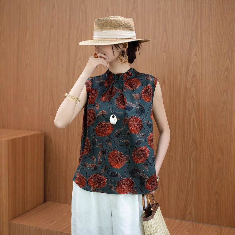 Sleeveless Silk Blouse with Ruffled Edges and Stand Collar Design, Youthful and Playful Style, Shenzhen Nanyou Women's Fashion Sleeveless Silk Blouse with Ruffled Edges and Stand Collar Design, Youthful and Playful Style, Shenzhen Nanyou Women's Fashion