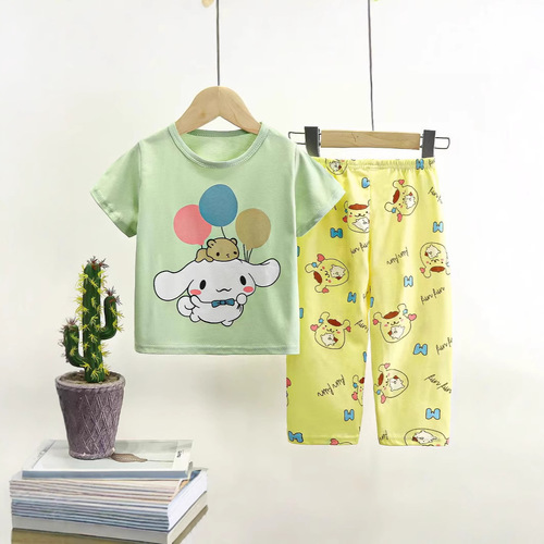 Children's home clothing 2025 summer new Korean version cartoon cute boys and girls short-sleeved trousers home suit wholesale