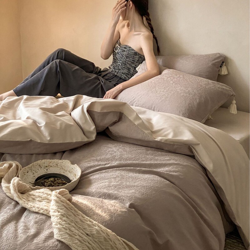 流苏磨毛全棉四件套色织高级感大提花纯棉加厚被套保暖秋冬季床品|undefined