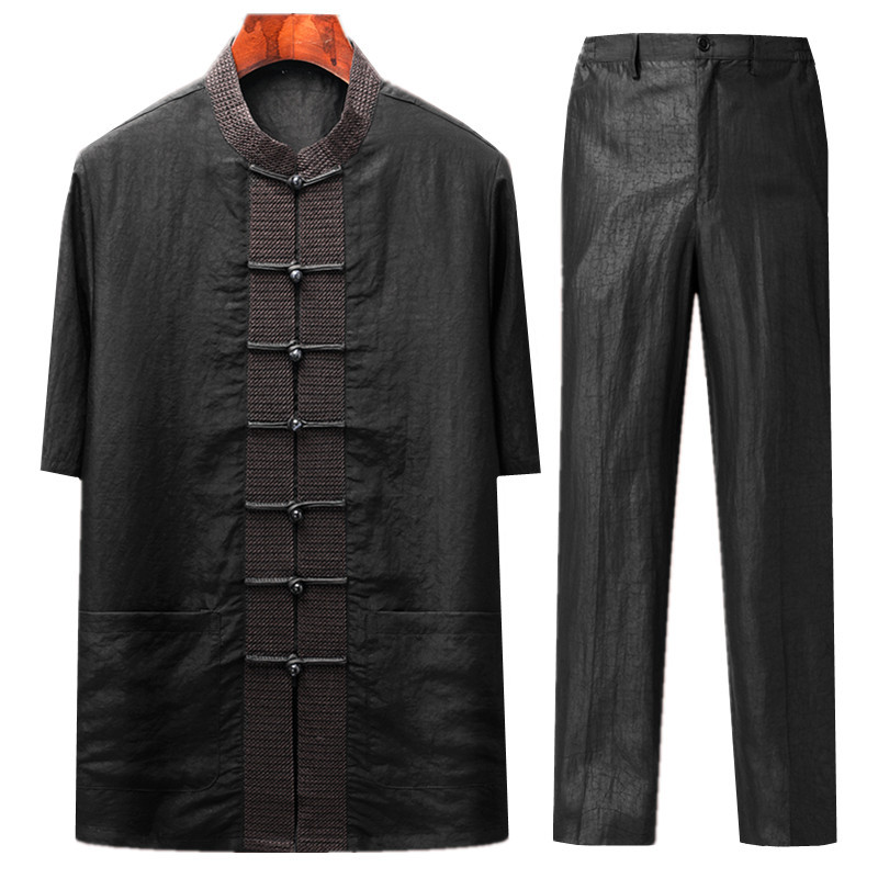 High-end Tang suit men's cracked pattern Xiangyun yarn silk short-sleeved men's clothing for middle-aged and elderly fathers, mulberry silk Chinese style men's clothing