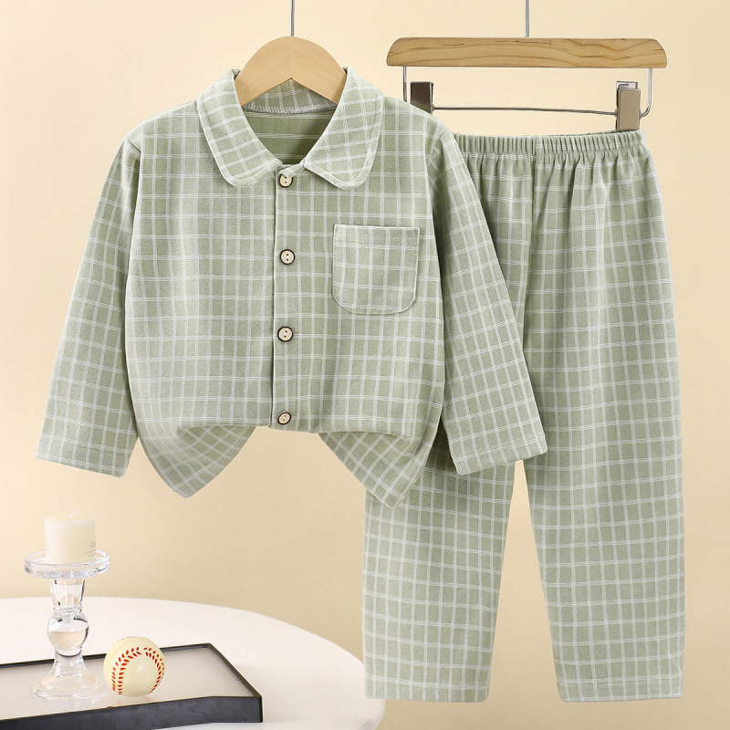 新款童装家居服套装儿童方格子暖绒翻领家居服男童睡衣宝宝居家服|undefined