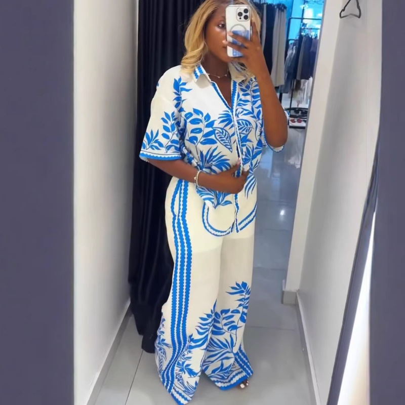 26 Spring New Style Short-Sleeved Shirt and Trousers Two-Piece Set Plus Size Women's Clothing Printed Ethnic Style Casual Versatile Hot-Selling Item