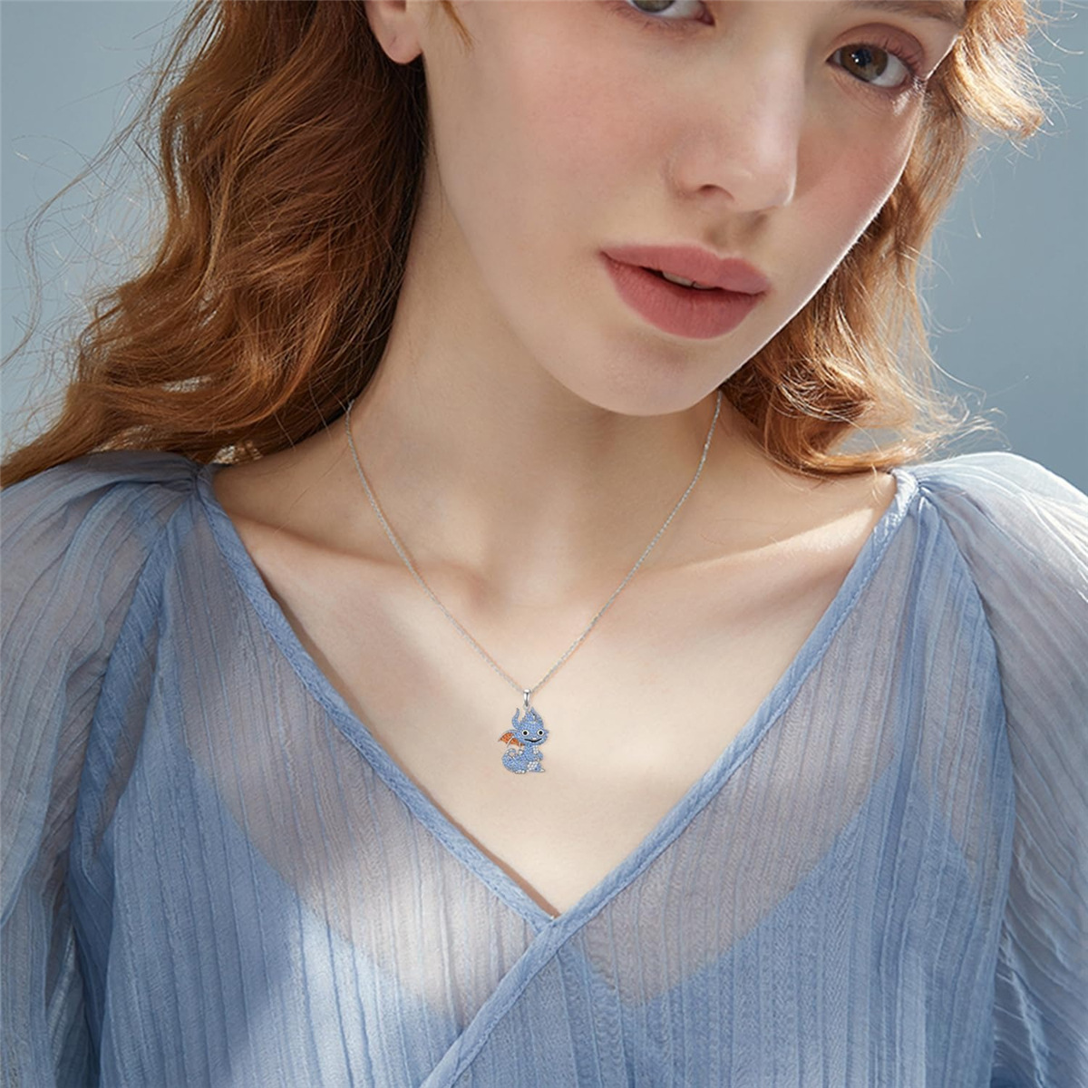 Cute Delicate Inlaid Blue Zircon Alloy Flying Dragon Necklace