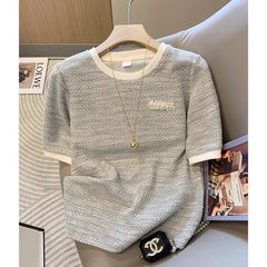 ファッションデザイン感フランスの小さな香りの灰色の色合わせの丸首半袖tシャツの女性の夏のゆるいカジュアルな上着