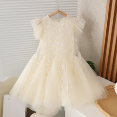 女童連衣裙夏季新款洋氣時髦小女孩飛袖網紗白色時尚蓬蓬公主裙