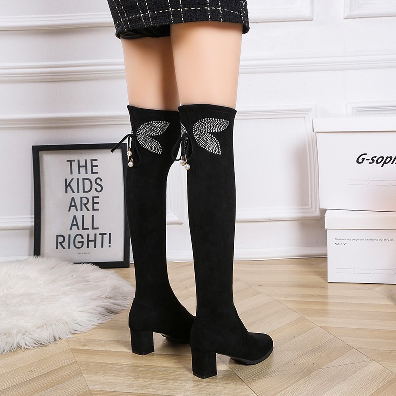 Autumn and winter new chunky heel rhinester bow thigh-high boots slim plus size elastic boots_voghion.com