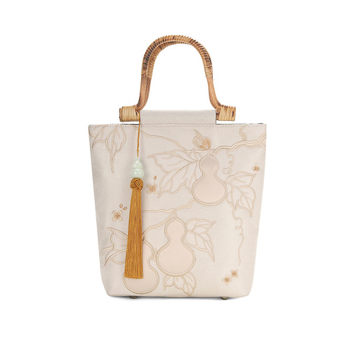 Fulu double wooden handle handbag, antique cheongsam banquet handbag, cheongsam and Hanfu portable bucket bag
