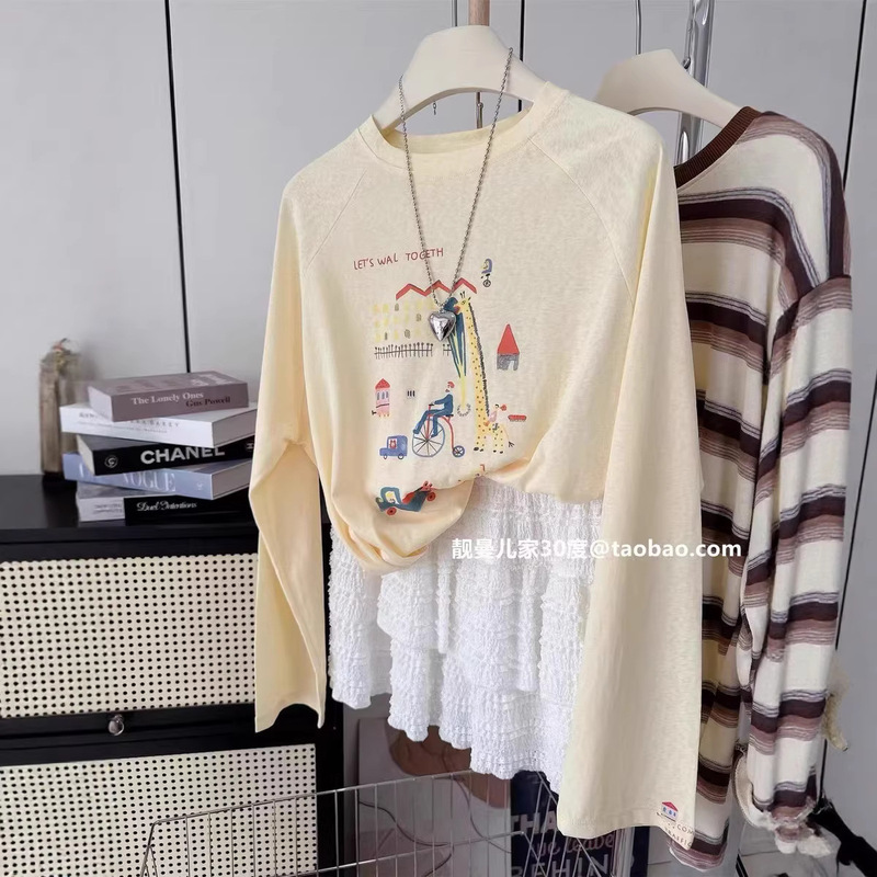 Plus-Size 120kg Summer Lightweight Snowflake Cotton Age-Reducing Printed Top Korean-Style Loose Long-Sleeve Sun-Protection T-Shirt for Women