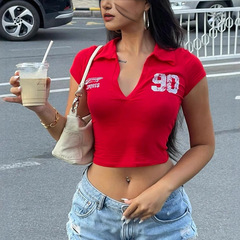 ギャルの短い上着のデジタルプリントの深いVPoloの襟の半袖のファッションのカジュアルな婦人服の欧米の卸売り