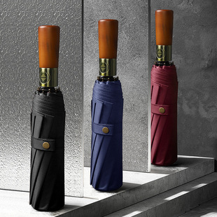 British Style Automatic Umbrella Wooden Handle Engraving Men's High-end Business Gift Advertising Umbrella Black Rubber Sunscreen Sunshade Umbrella