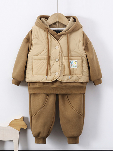 Children's Autumn/Winter Vest Set of 3, Hooded Outerwear Baby Suit for Boys, Thick Warm Clothing for Kids