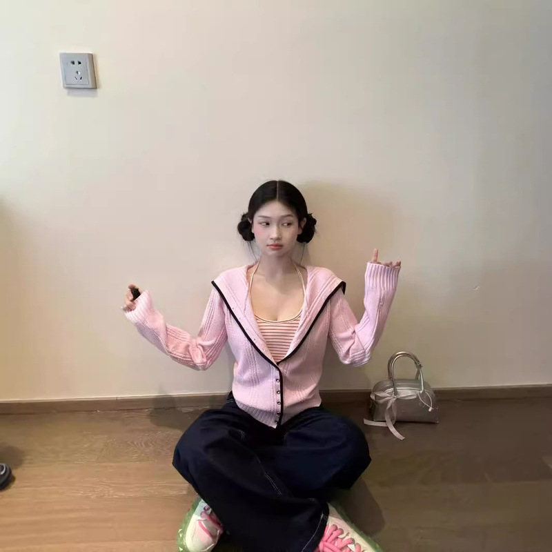 Sweet Contrast Color Edge Lazy College Style Autumn Navy Collar Knitted Coat Sweater Cardigan Women's Slim Look Elegant Top