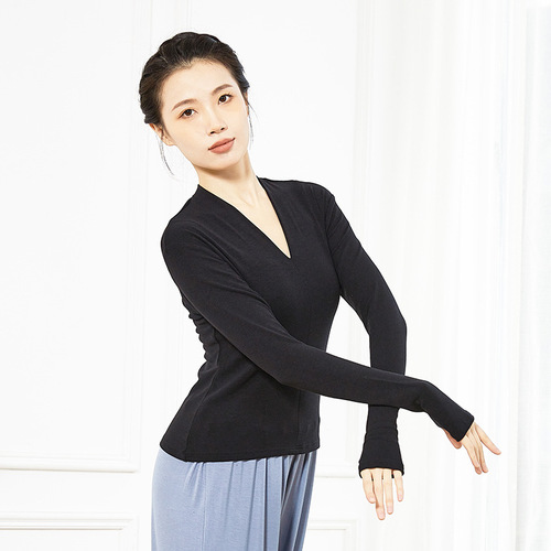 Modern dance spring new dance clothes for women, practice clothes, art examination clothes, tops, long-sleeved sleeves, body training, black Latin