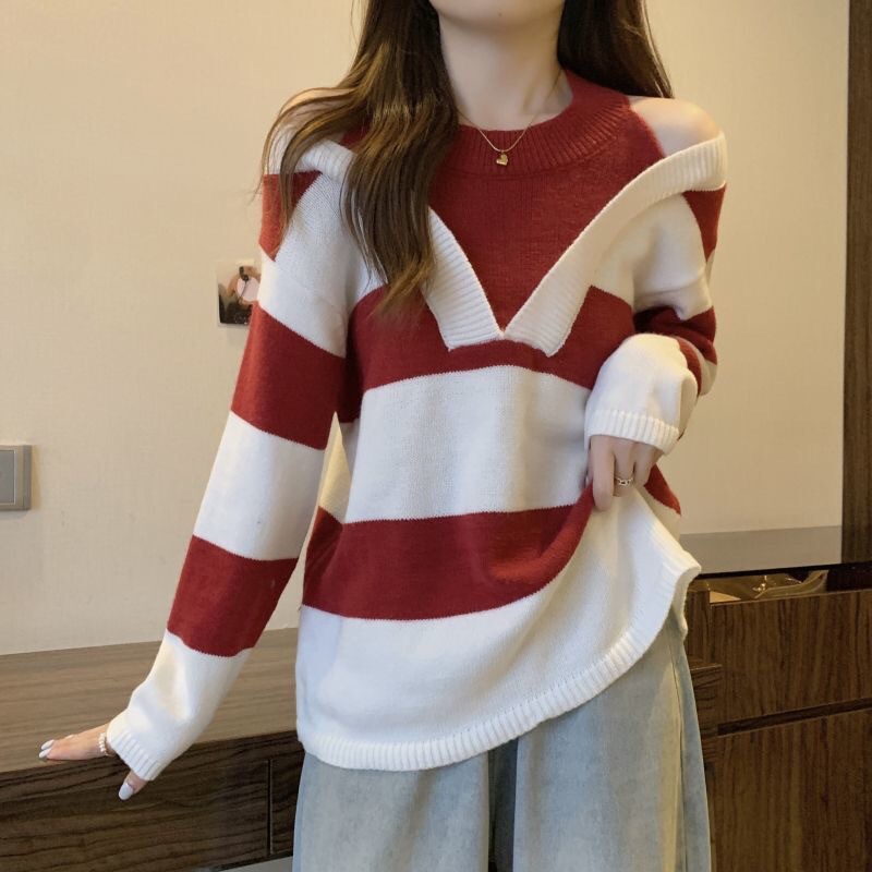 Striped Halter Neck Off-Shoulder Long-Sleeve Sweater Knitwear Women's 2026 Spring Autumn Winter New Design Faux Two-Piece Top