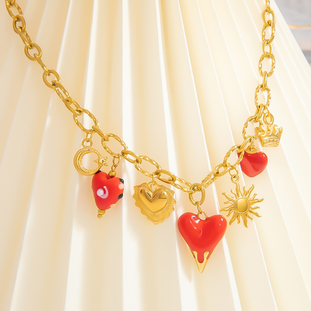 304 Stainless Steel Pendant Material Wholesale Jewelry IG Style Sun Heart Shape Crown 304 Stainless Steel 18K Gold Plated Enamel Plating Pendant Necklace