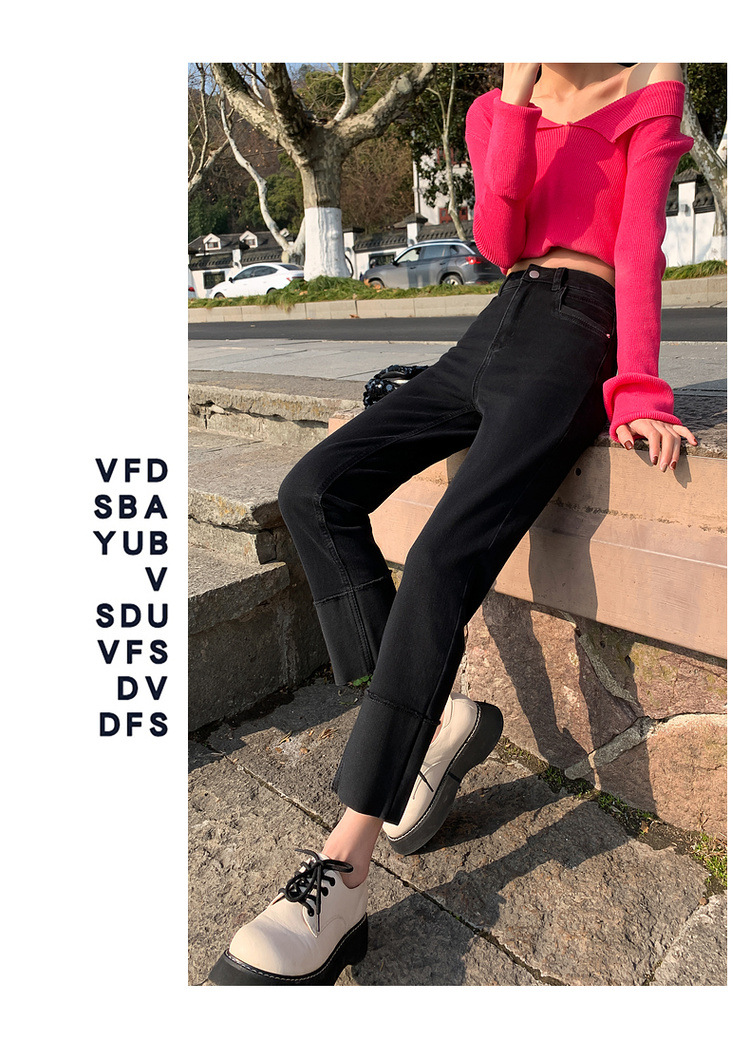 HEY+JEANS韩系翻边直筒裤女2023春季十三行高腰显瘦法棍九分裤详情33
