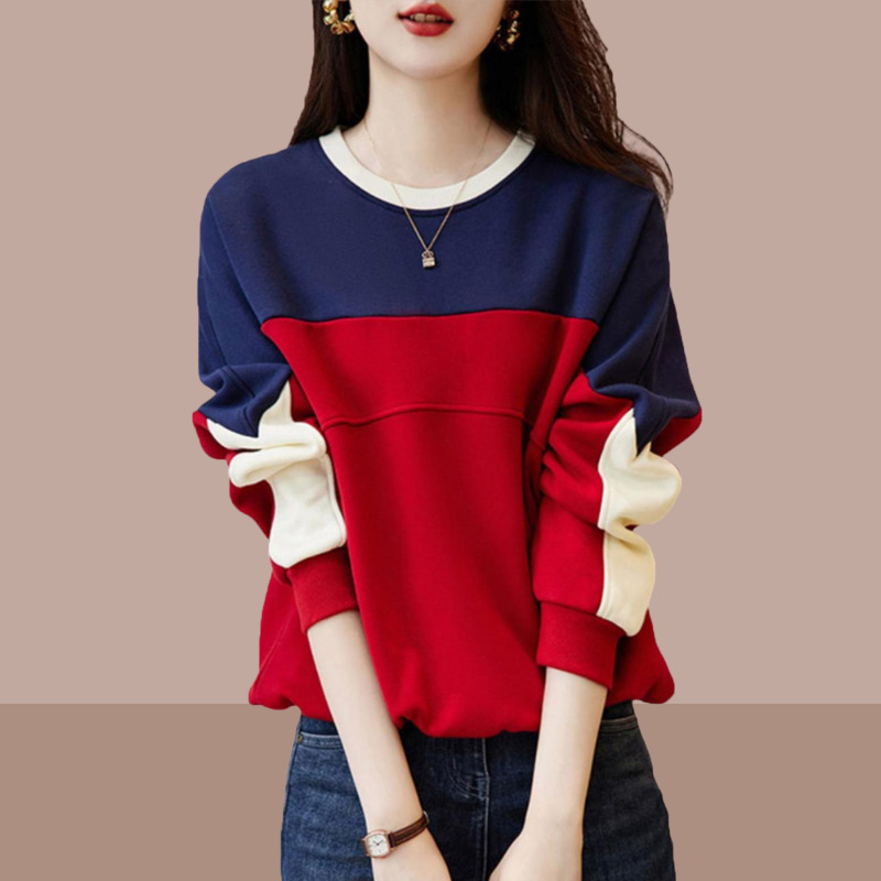 2025 Spring and Autum New Women's European Design Stitching Contrasting Round Neck Style Sweatshirt Loose Slim Jacket