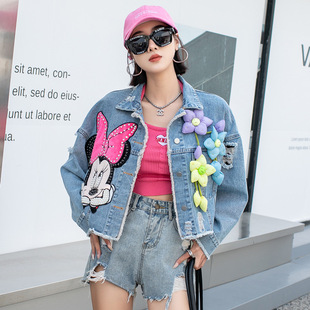Thailand Tide brand 2023 Spring and Autumn New Heavy Industry nail bead cartoon denim coat fried street short top cross-border women's clothing