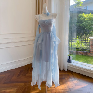 【订货款】法式飘带立体花气质长裙温柔风吊带抹胸连衣裙 68107