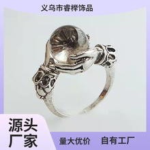 跨境亚马逊欧美新款合金复古个性镶嵌仿水晶球环抱珠开口戒指指环