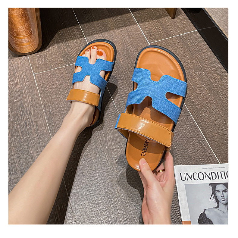Dép sandal nữ quai ngang xỏ ngón đế dày, khóa dán tiện lợi, đi ngoài mùa hè — Màu trắng, Màu đen, Xanh denim phối nâu, Xanh mực ghép Hồng chi tiết 31