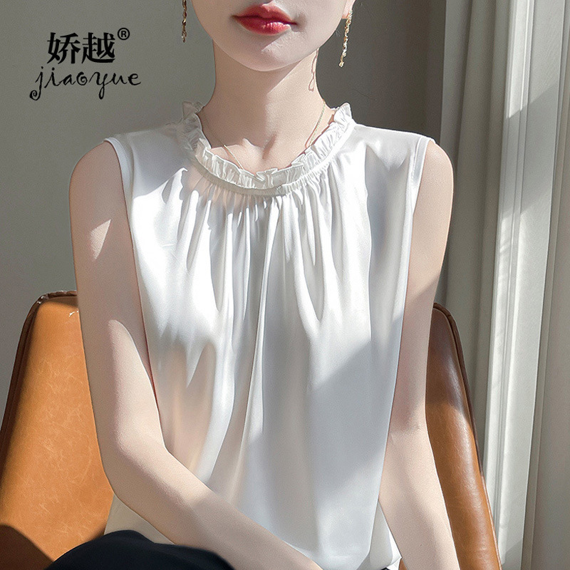 French-Style Sleeveless Design with Ruffled Round Neck, Versatile Silk Satin Tank Top, Unique Layered Camisole, New Arrival