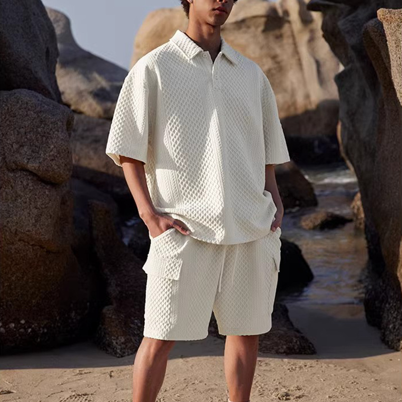 Texturizado polo con solapa de manga corta, hombre de verano, camiseta deportiva casual, chaqueta grande, tendencia suelta