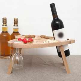 跨境木质户外沙滩红酒桌折叠桌家用便携式餐桌高脚杯酒架实木托盘