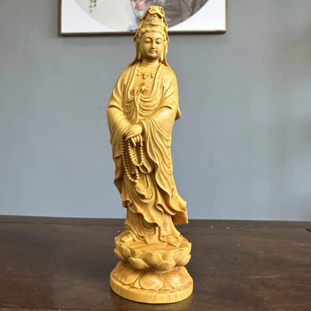 小叶黄杨木雕念珠观音摆件实木雕刻观音菩萨传统木雕工艺桌面饰品