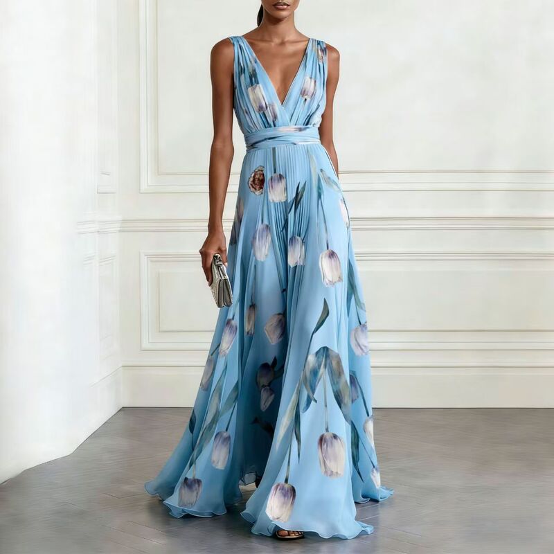 In Stock 2026 New European and American Cross-Border E-Commerce Amazon Independent Site Deep V-Neck Casual Printed Dress with Large Hem